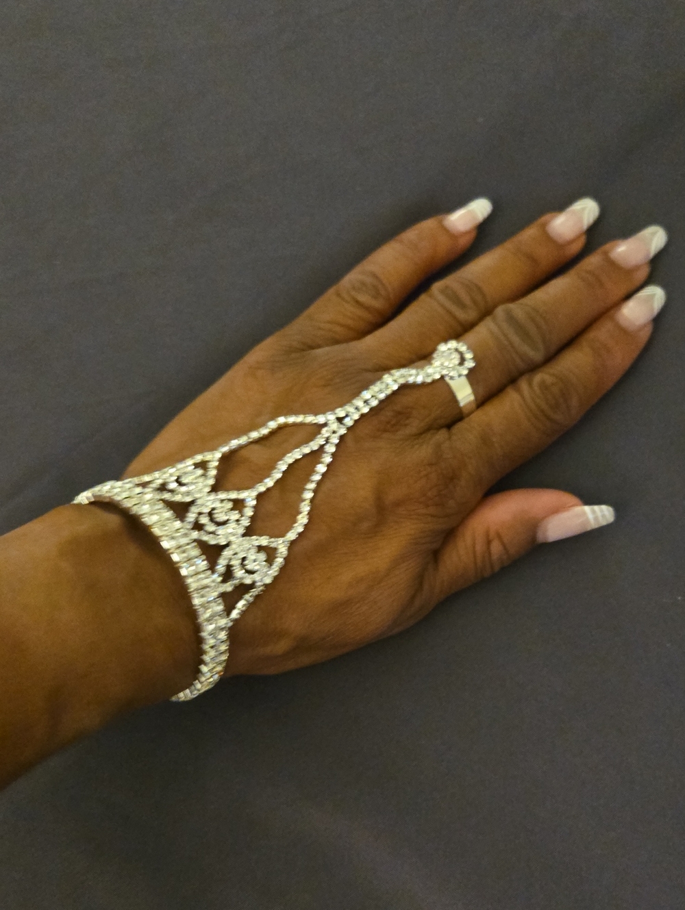 Rhinestone Hand Chain Bracelet - Silver Crystal Accent